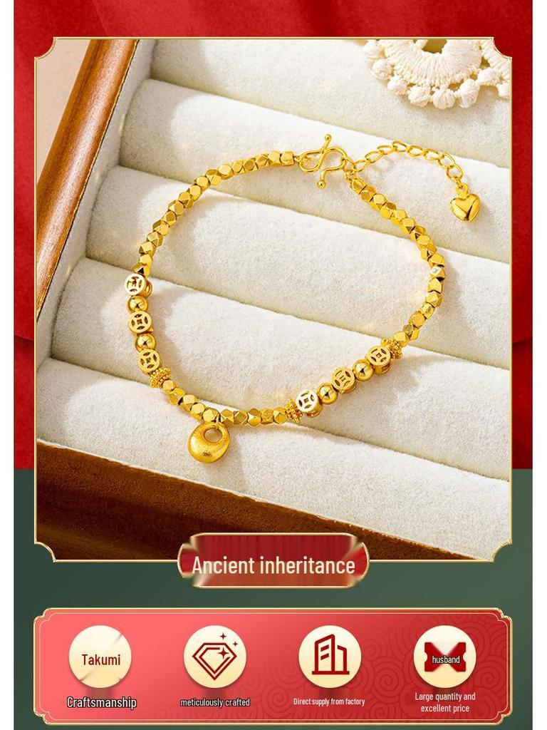 Vietnamese Gold Fortune Coin Bracelet - Ethnic Style, Long-Lasting Color Retention, Women’s Retro Clubbing Jewelry with Round Beads