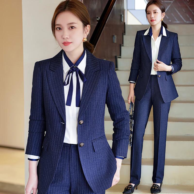 Женский полосатый двубортный деловой костюм Trolman M