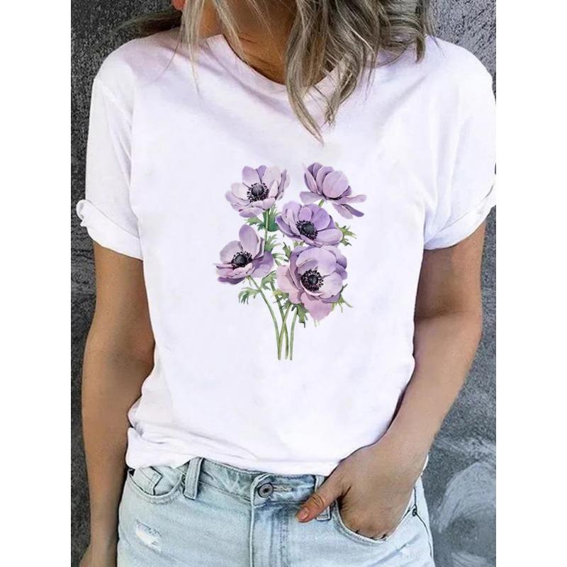 Cute Floral Print T-shirt Ladies Fashion Short-sleeved Clothing Casual Loose Top