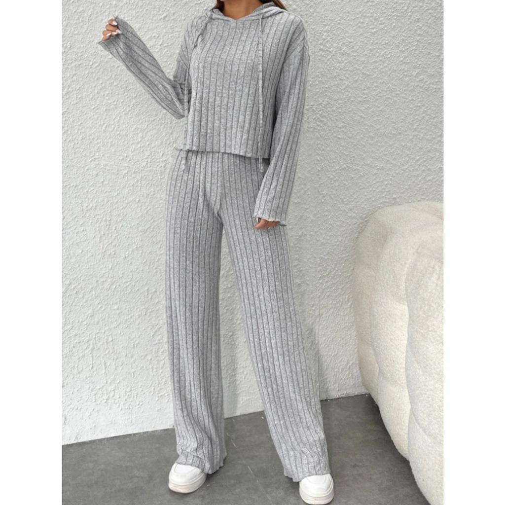 Herbst- und Winter-Freizeit-Strickset mit langen Ärmeln, Damen-Kapuzensweatshirt, lockere Hose zweiteiliges Set