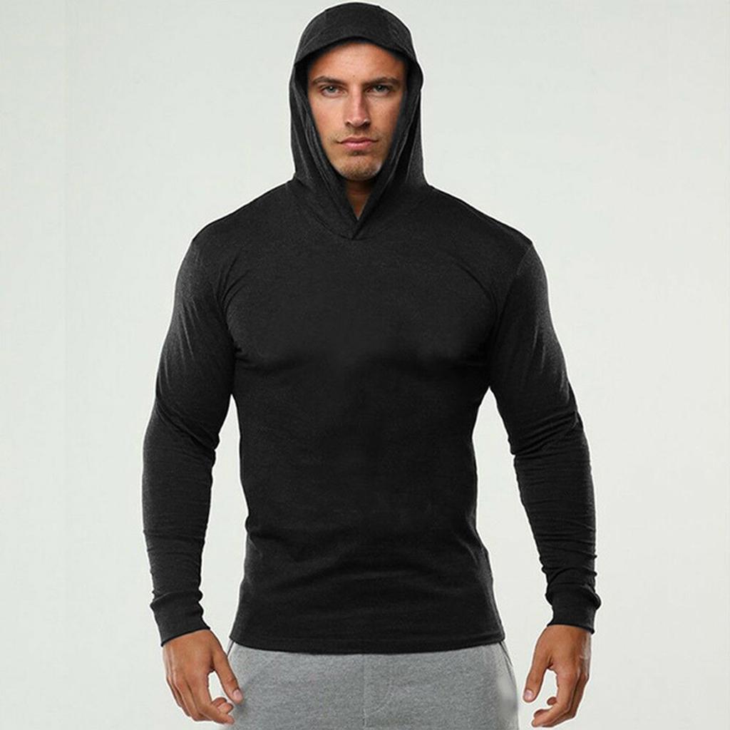 Men's Muscle Men Solid Color Blank Hooded Slim Bodybuilding Fitness Sports Long Sleeve Tops