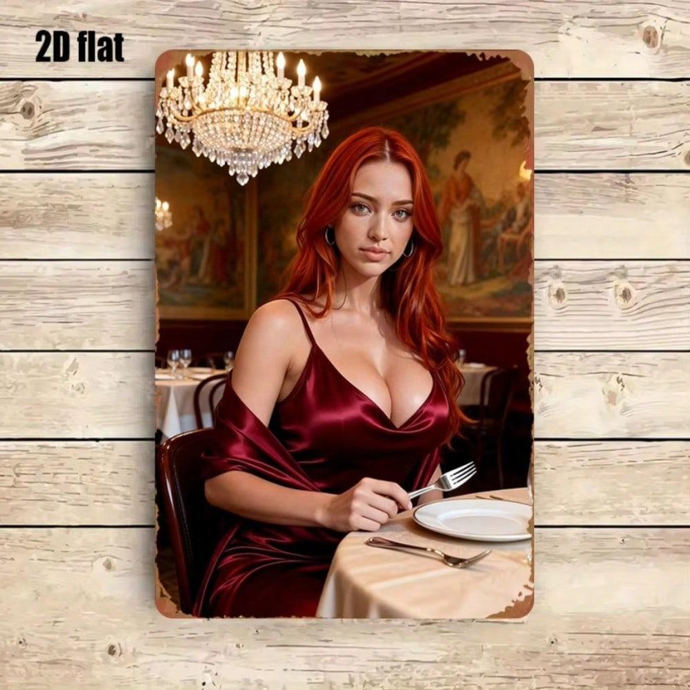 Vintage Metal Wall Poster Redhead Woman Chandelier Home Decor