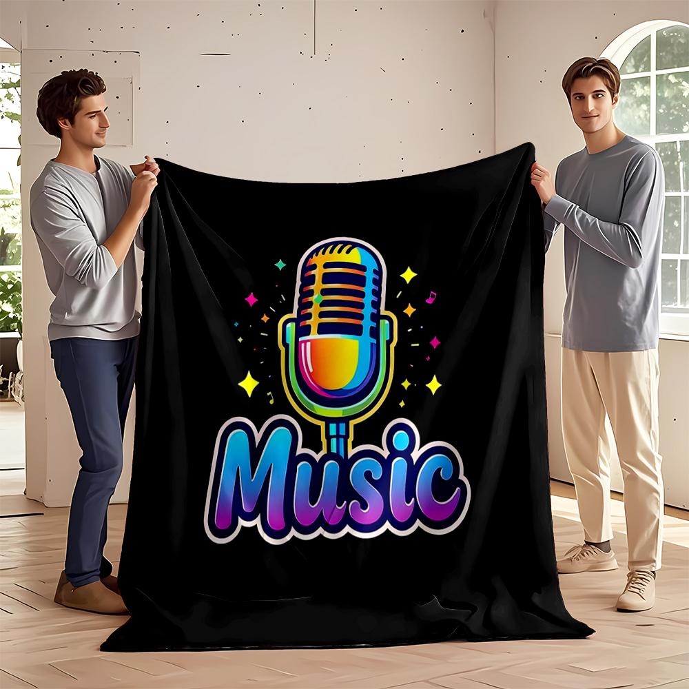 Colorful Microphone and Music Text Design Flannel Blanket for Bedroom, Living Room, Sofa, and Nap Sofas