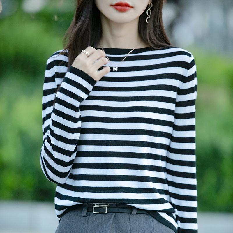 

Весенний свитер крупной вязки с круглым вырезом, длинными рукавами, полосатый, свободный пуловер, базовый слой XXL чёрный