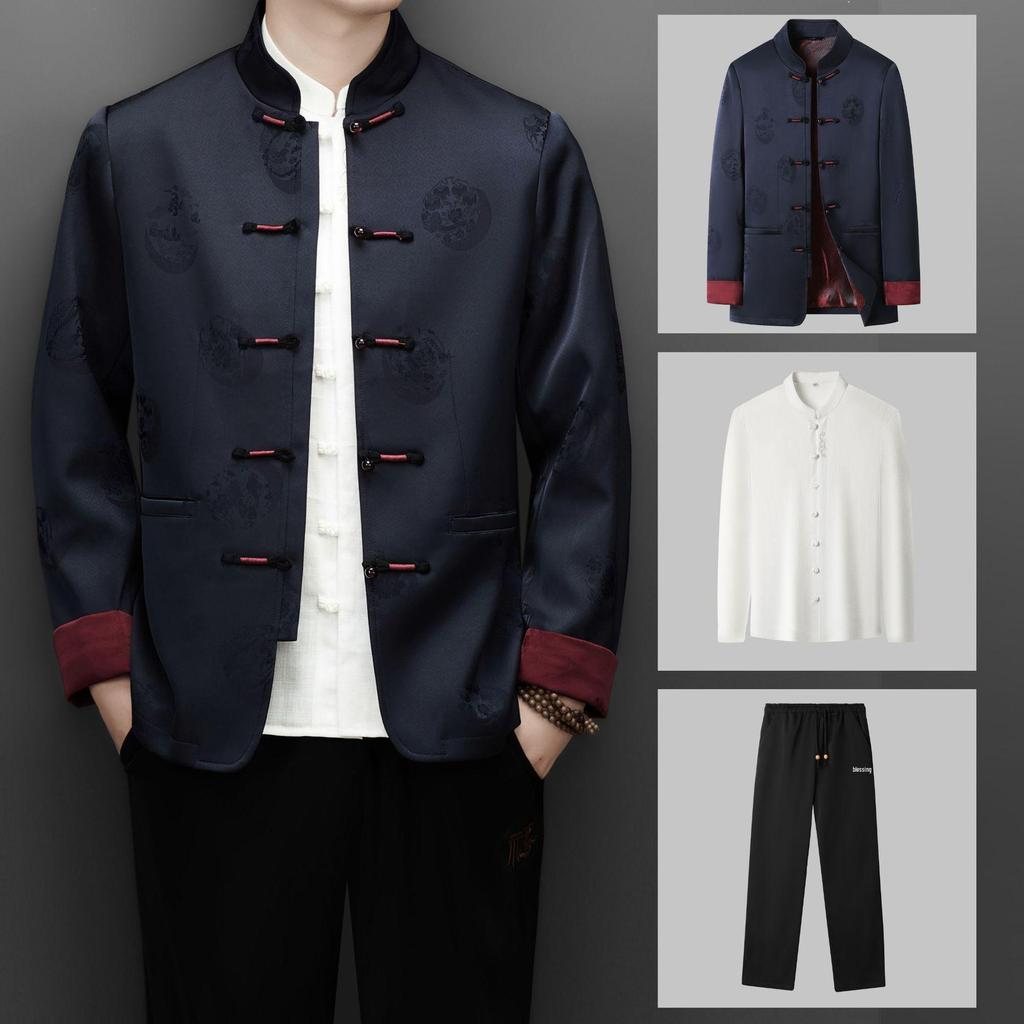 Men's 2025 Autumn/Winter Chinese Style Two-Piece Set: Middle-Aged Stand-Up Collar Tang Suit Jacket & Casual Zhongshan Suit