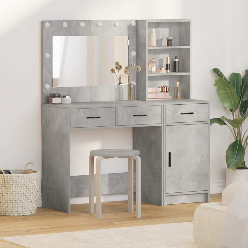 Makeup Table with Mirror Lighting 2 pcs Grey Particleboard