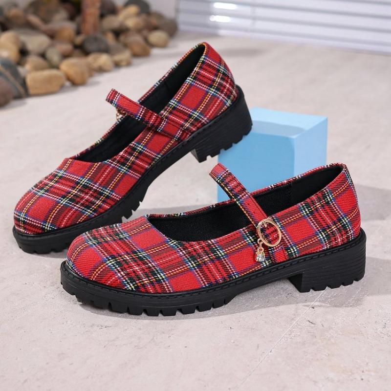 

Fashion YQBTDL Nylon Leather Vintage Platform Plaid Mary Janes Pumps Women 2025 Four-Seasons High Heel Round Toe Goth Shoes Student New 36 красный