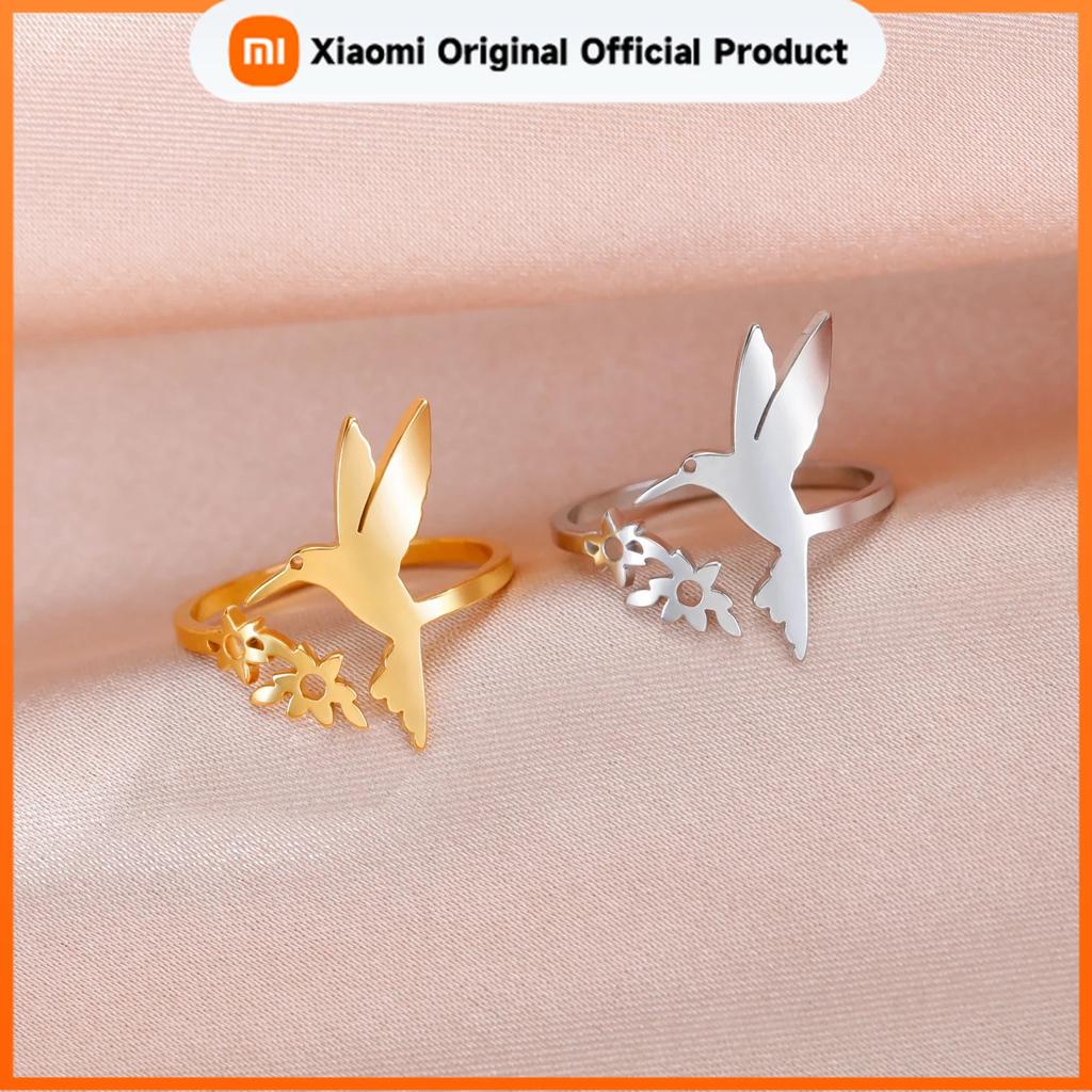 Xiaomi Skyrim Hummingbird Flowers Leaves Open Ring Women Stainless Steel Adjustable Finger Rings Bird Animal Jewelry Birthday Gift