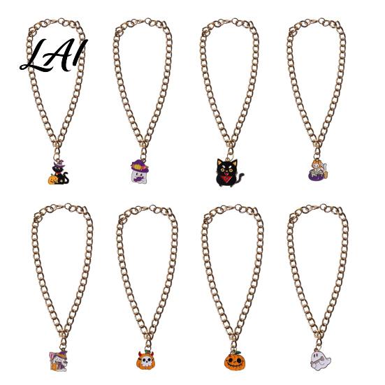 Halloween Themed Pet Accessories Chain Collar Metal Cat Collar with Witch Ghost Strong Necklace Pendant Festive Pumpkin Skull Charm for Cats