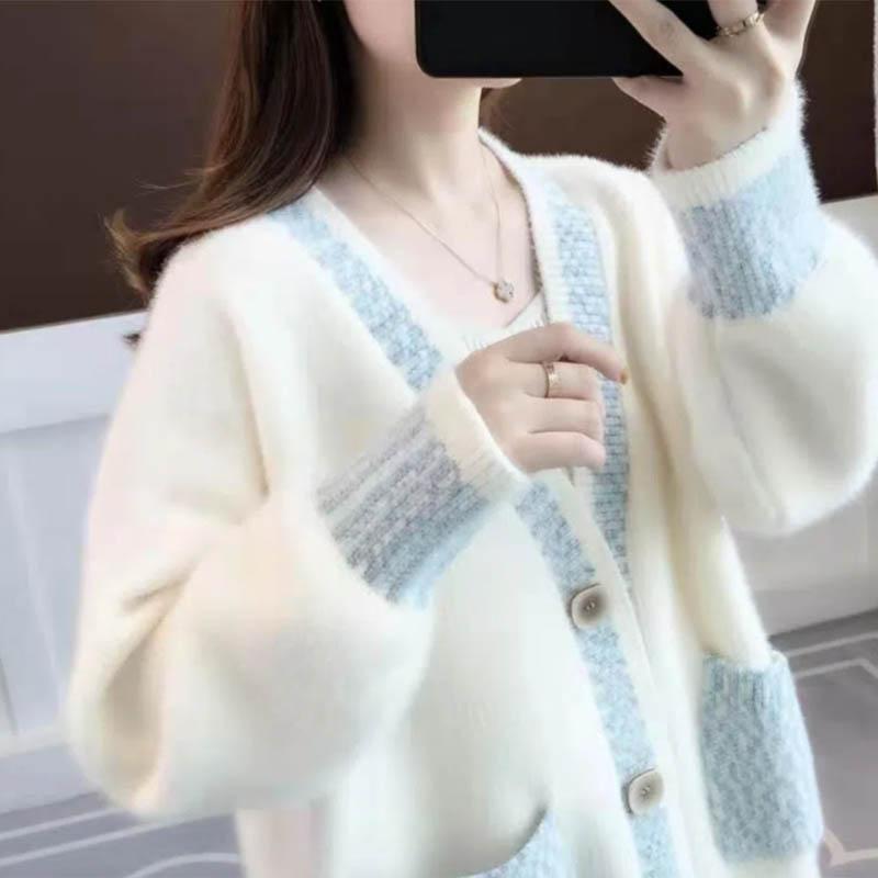 

Свитер женский весенне-осенний вязаный кардиган из искусственного норкового бархата, пальто для студенток, свободный свитер в корейском стиле M синий