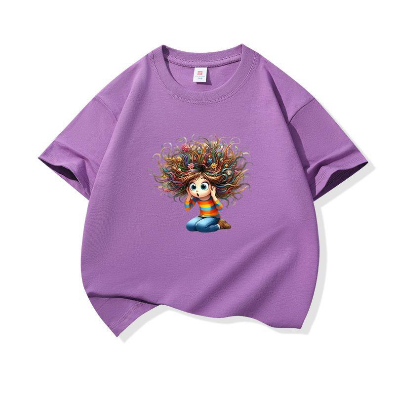 Kids Cotton T Shirt Surprised Girl With Colorful Hair Print Crew Neck Short Sleeve Tee Casual Boys Girls Summer Tops