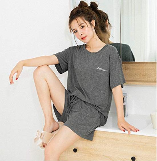 Oberteil und Hose Kurz Zimmer Bequem Crew Taille Kurze Ärmel Shorts [Mskikefly] Pyjama, Set, Ärmel, Kleidung, Damen, Loungewear, Nachtwäsche,