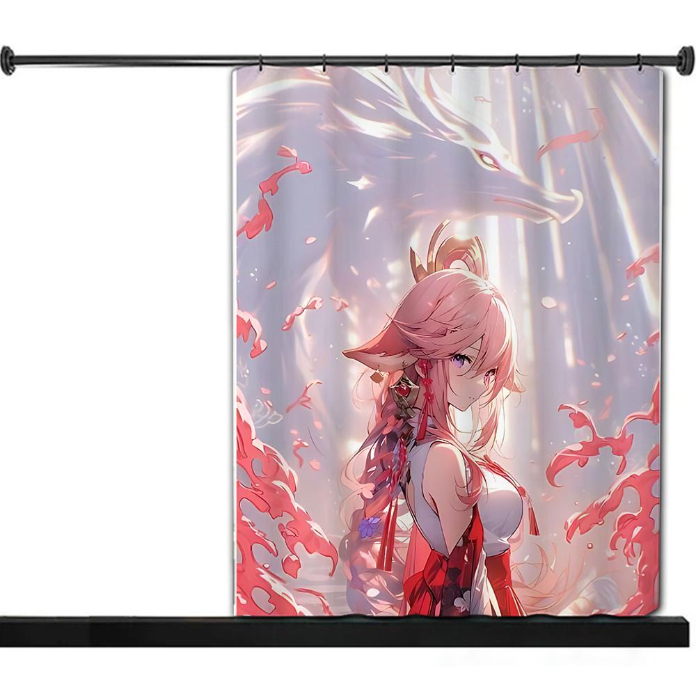 Shower Curtain Genshin Impact Yae Miko Anime Waterproof Fabric Bathroom Curtain With Hooks, Aesthetic Decorative Bath Curtain Fo