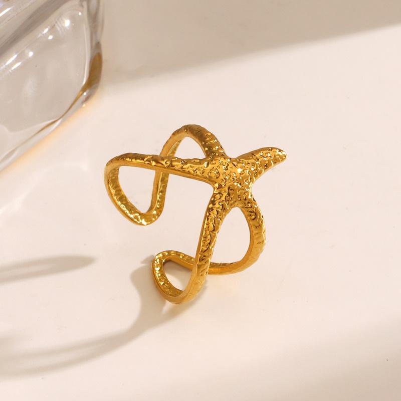 Stainless Steel Starfish Open Rings For Women Men Fashion Golden Color Irregular Textured Starfish Adjustable Ring Jewelry Gift