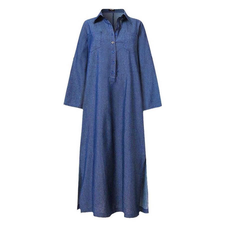 Women's Elegant Fashion Oversized Long Sleeve Shirt Dress Denim Maxi Coat Dress