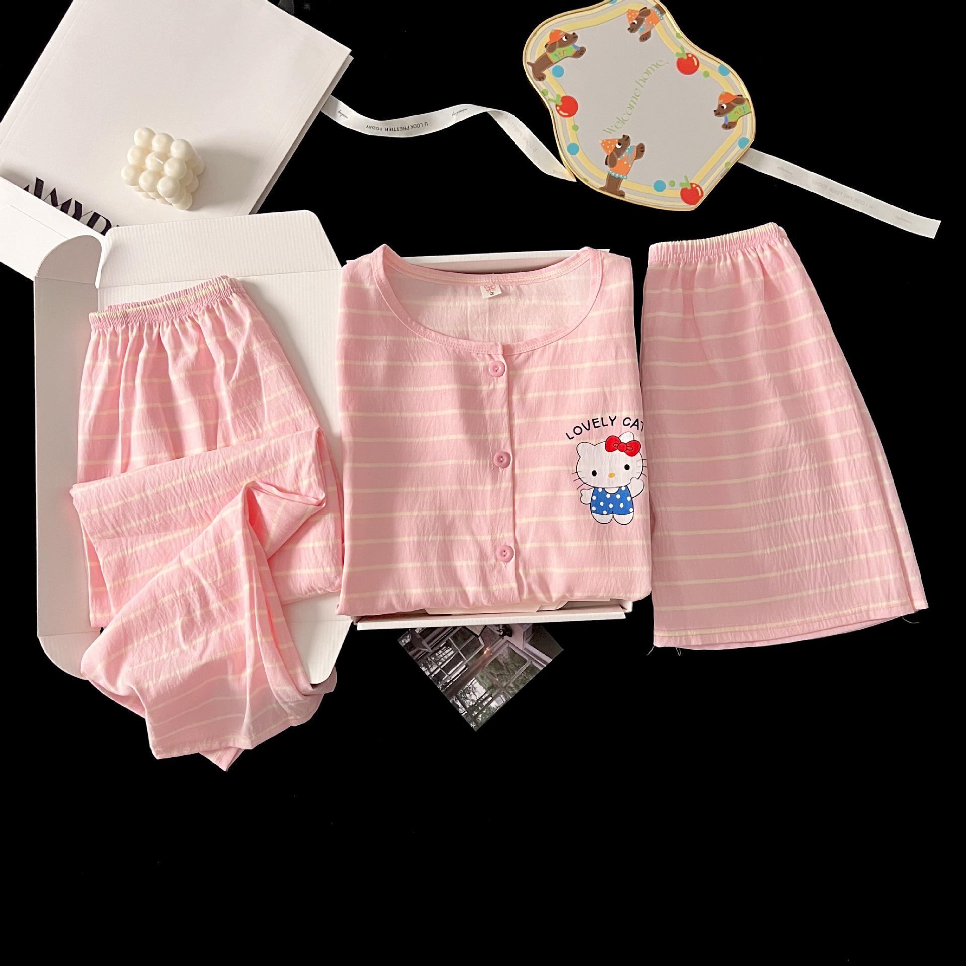 Three-Piece Women s Summer Pajama Set: Small Lapel, Cute Home Wear Round Neck Cloud Cotton M-L
