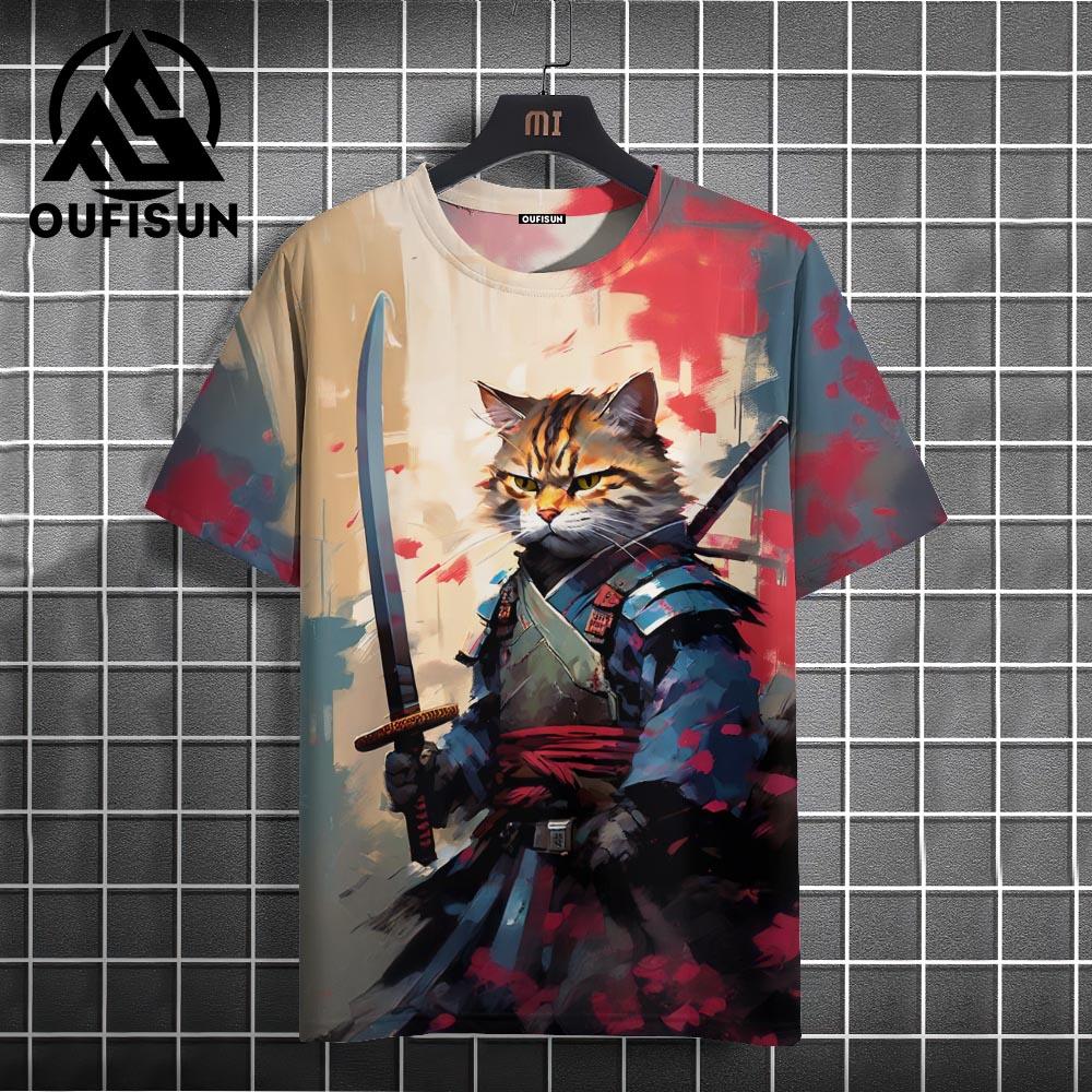 Samurai Cat Pánská móda Japonské hip-hopové tričko s krátkým rukávem