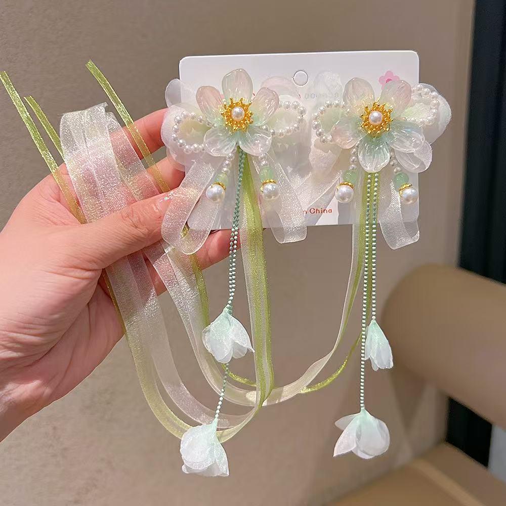 Princess Style Children's Hanfu Hair Clips - Ancient Chinese Tassel Ribbon Headdress for Girls