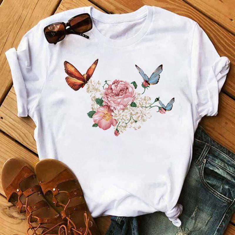 Summer Butterfly Print Plus Size Loose Round Neck Pure Cotton Short Sleeved Top T-Shirts Women’s Tees