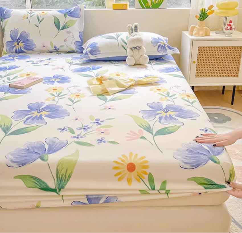Bed Fitted Sheet + 2pc Pillowcases Bed cover 100% Cotton Single King Queen Bed Sheet Deep Pocket Mattress Protective Cover B82F