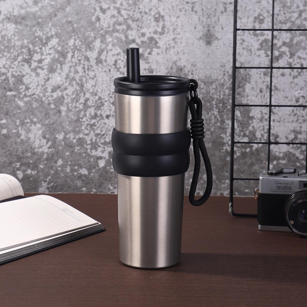 Large Capacity Stainless Steel Thermos Cup with Lifting Rope Portable Straw Car Cup Summer Cold Insulation Ice Cup