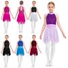 Girls Figure Skating Lyrical Dance Dress: Sleeveless Keyhole Back Shiny Rhinestones Metallic Mesh Bodice Irregular Chiffon Hem