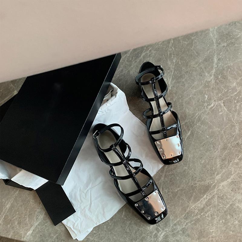 Grape Mother Studiolee Metal Buckle Patent Leather Square Head Hollow Strap Thick Heel Mary Jane Shoes Women's Summer New