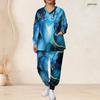 Women Plus Size Blue Printed Nurse Scrub Set V Neck Long Sleeve Top Long Pants With Pockets