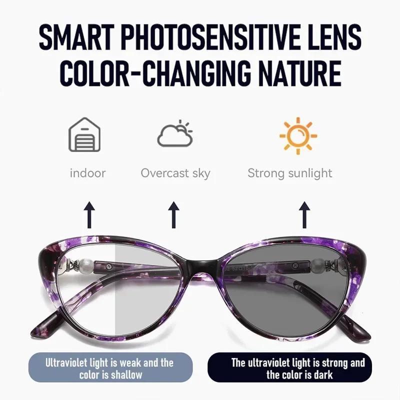 Cat Eye Finished Progressive Multifocal Lens Reading Eyeglasses Unisex Women Men Outdoor Use Color Changing Bifocal Glasses Diopter To +4.0