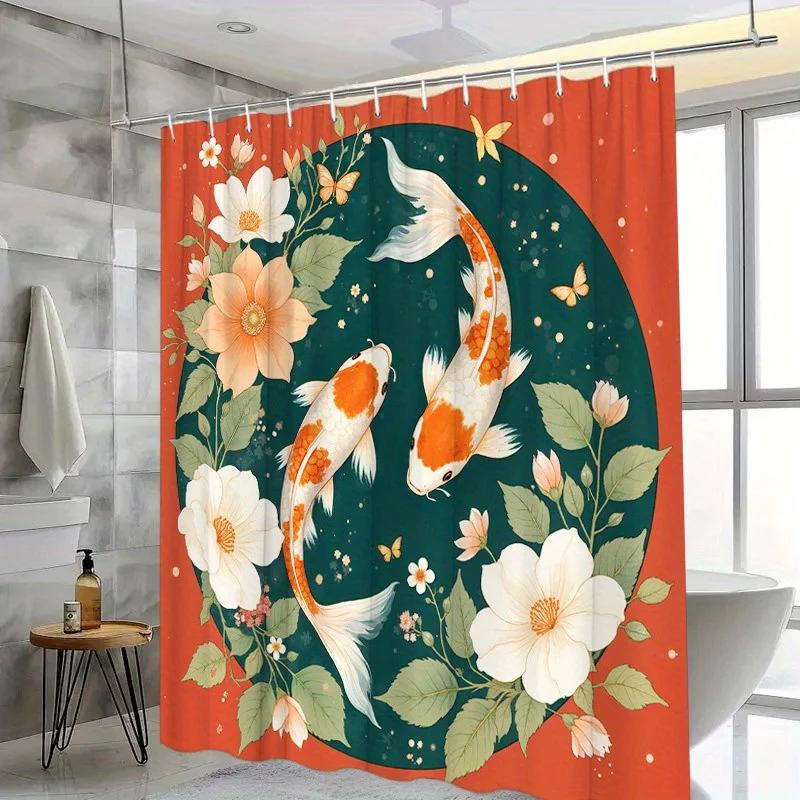 

Koi Fish & Floral Shower Curtain - Watercolor Design, Polyester, 12 Hooks, 70.8X70.8 Inches, Nature-Inspired Decor W60H190(CM)-1 Pcs