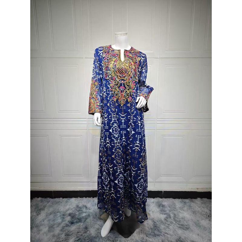 

New Middle East Fashion Mesh Embroidery Embroidered Patchwork Robe Dress Mesh Embroidered Dress Dark blue M