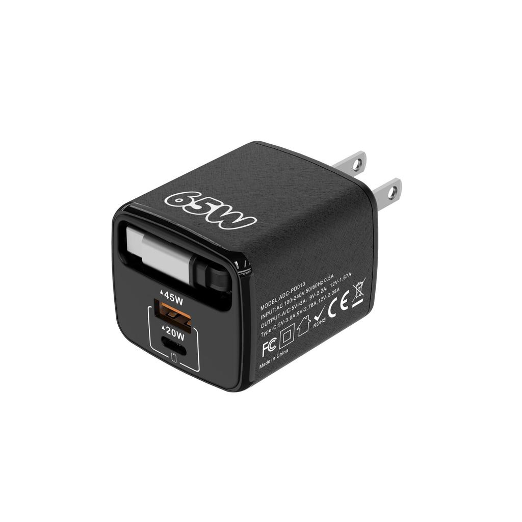 65W PD Fast Charger with Retractable Cable for Apple and Huawei