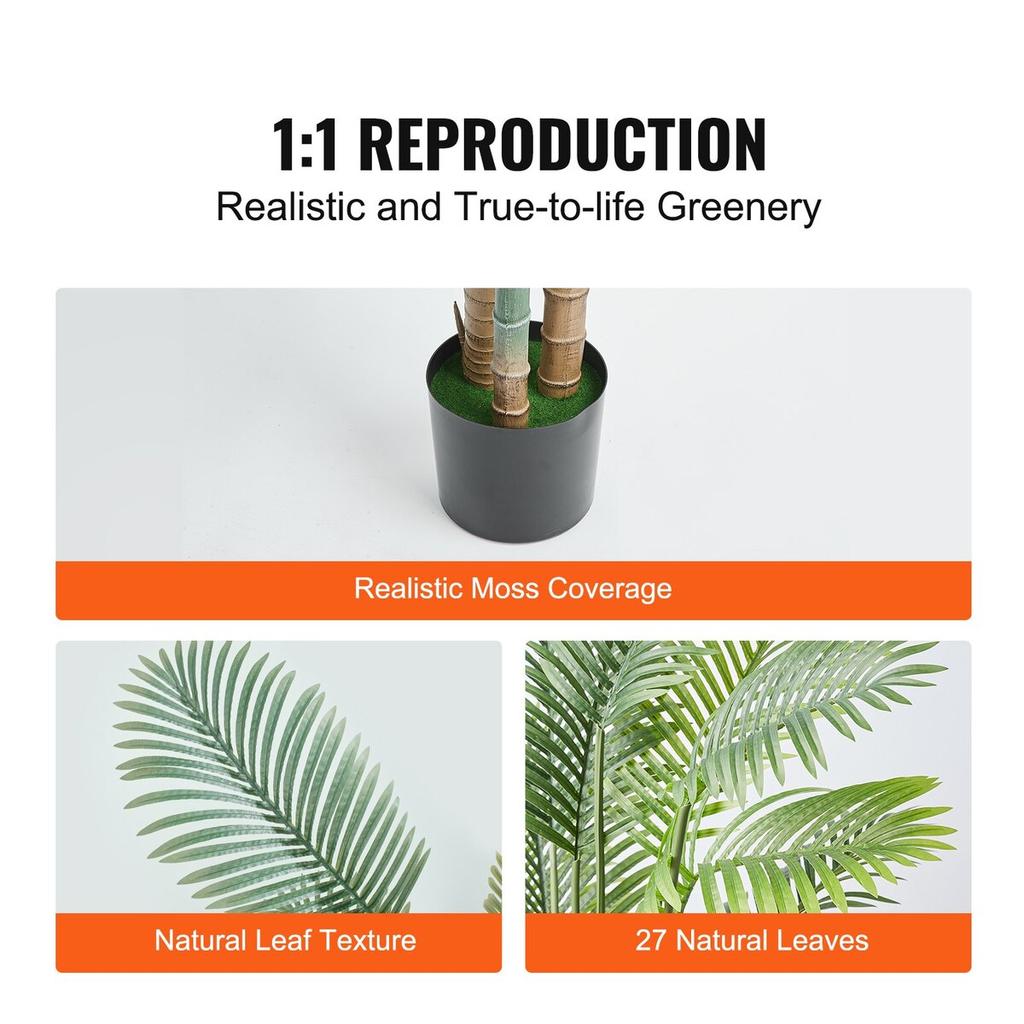 Artificial Gold Cane Palm Tree, 2m Tall Faux Plant, PE Material & Anti-Tip Tilt Protection Low-Maintenance Plant, Lifelike Green Fake Tree for Home