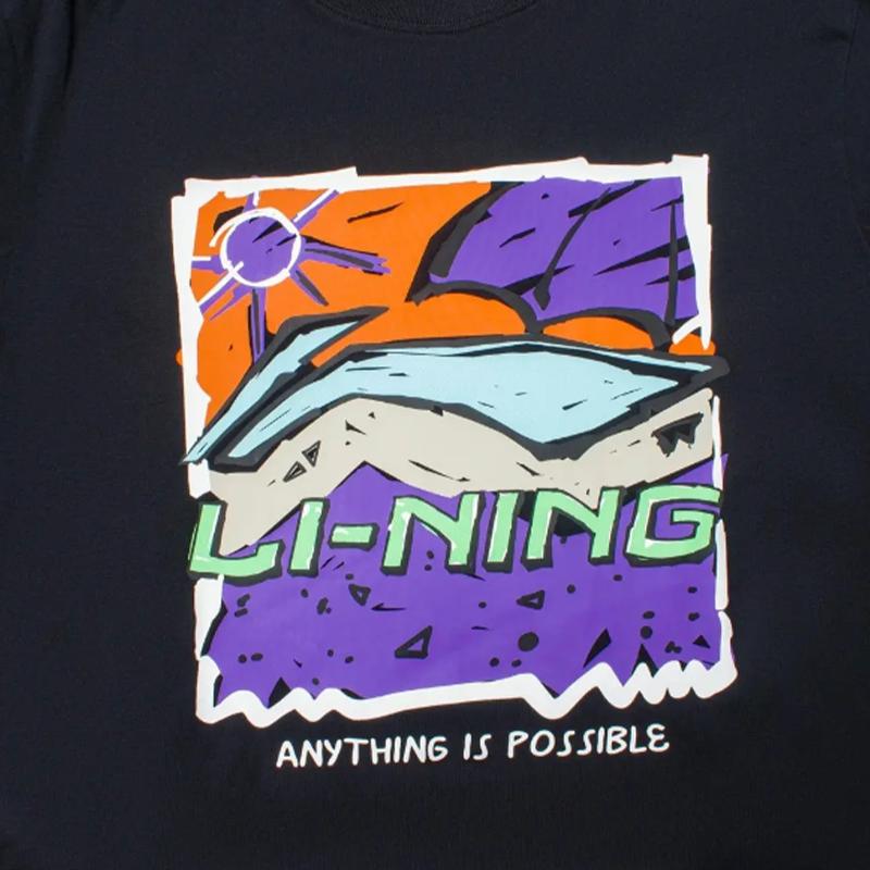 Li-Ning Cartoon Print Round Neck Short Sleeve Sports Suit With Striped Shorts Unisex Sportswear Black AHST543-2+YAPV001-1