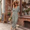 Dames Elegante V-hals Bedrukte Jumpsuit met Tailleband Losse Pasvorm Lange Mouwen Eendelig Outfit voor Casual of Formeel Gebruik