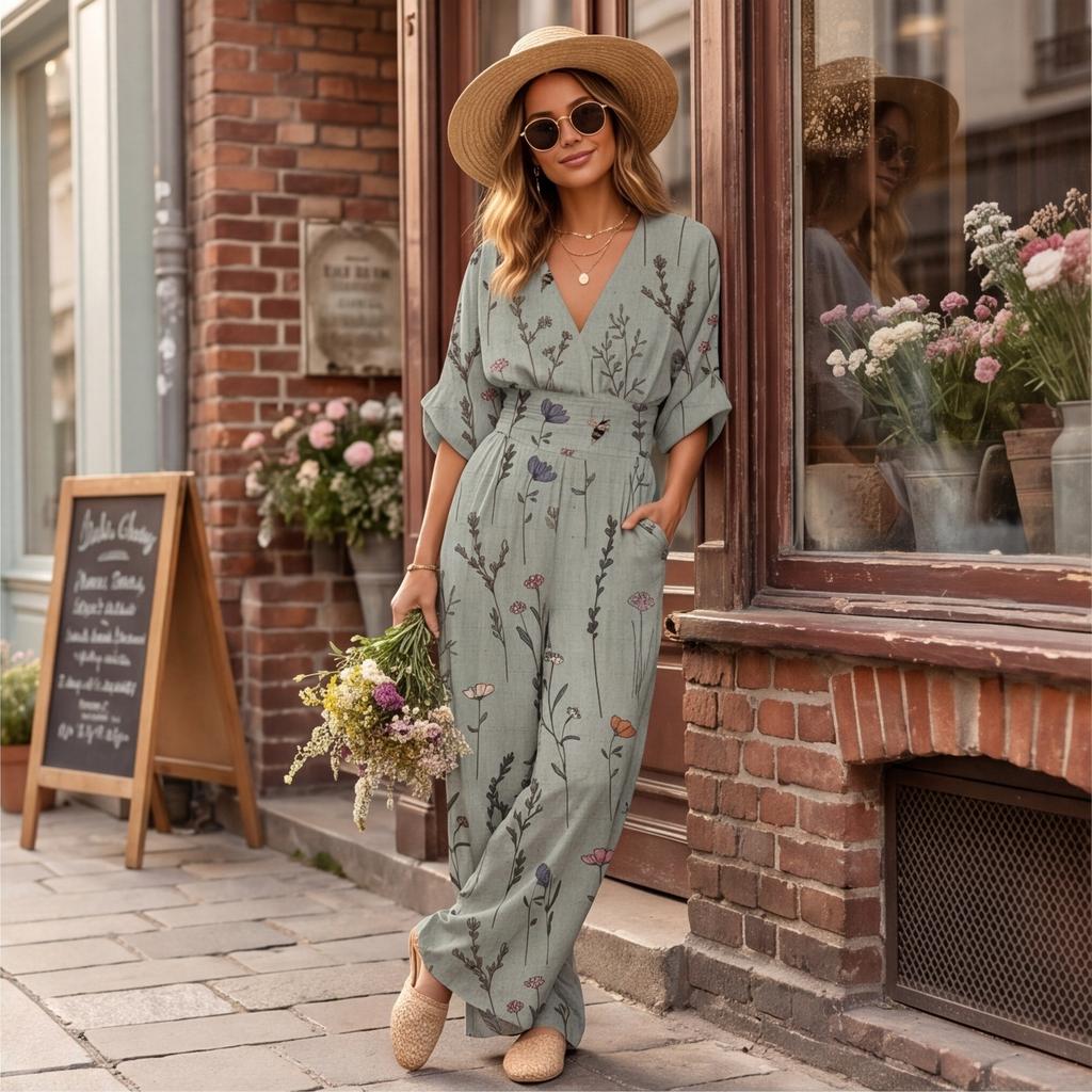 Dames Elegante V-hals Bedrukte Jumpsuit met Tailleband Losse Pasvorm Lange Mouwen Eendelig Outfit voor Casual of Formeel Gebruik