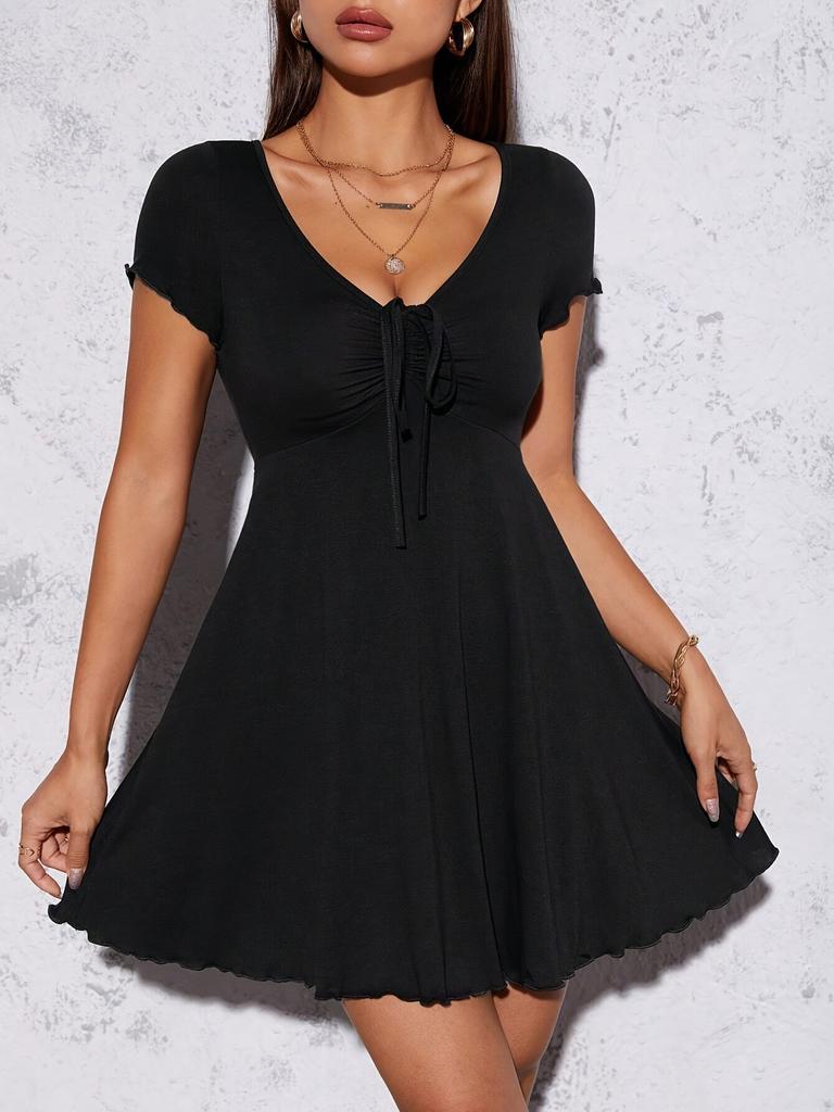 Pure Desire Style V-neck Dress Summer Women's Bow French Slim Fit and Thin Temperament Design Waist Skirt