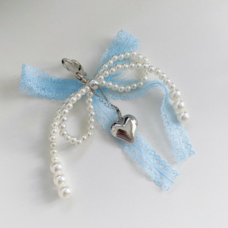 1Pcs Sweet Lace Bow Beaded Bow Keychain Phone Charm Strap Pendant For Phone Accessories Bag Hanging Cord For Women Girl