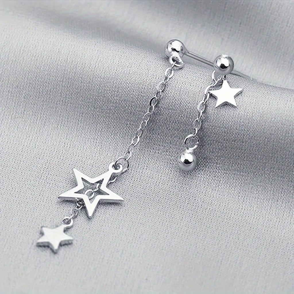 1 Pair of Star Shaped Pendant Chain Earrings, Asymmetrical Earrings, Pentagram Earrings, Exquisite Jewelry, Suitable for Daily Wear