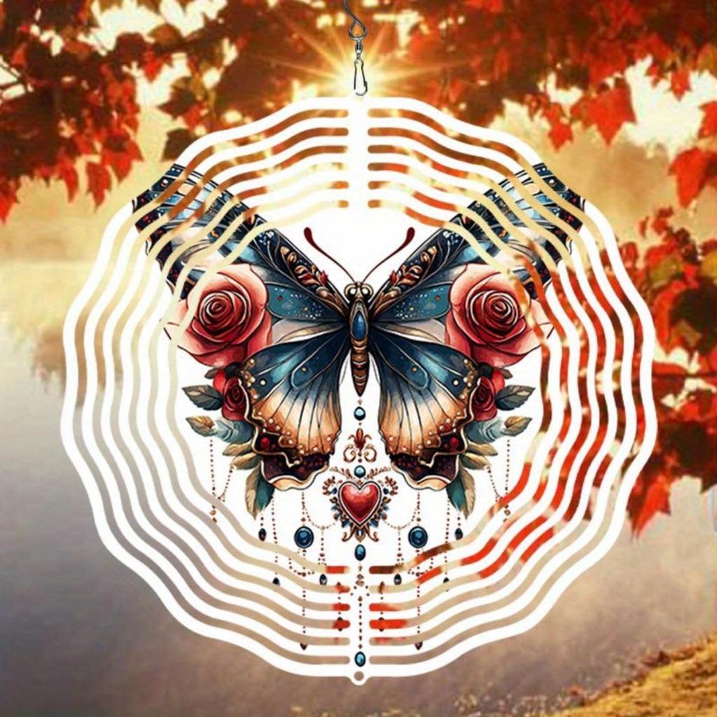 Rose und Schmetterling Metall Windspiel Außengartendekor mit 3D Dynamischer Kunst 360° Drehhaken Windbetrieben für Terrasse Hof oder Feiertagsdekoration