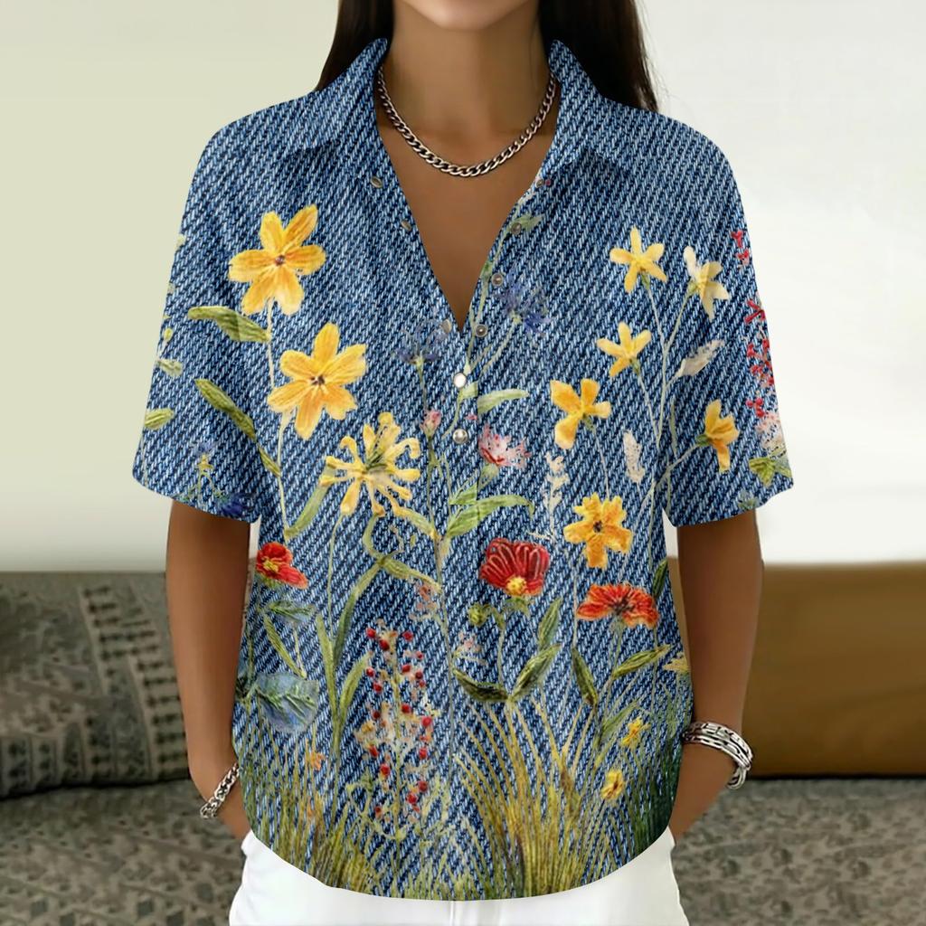 Women's Vintage Floral Print Short Sleeve T Shirt Loose Fit Button Down Polo Collar Linen Blend Casual Top