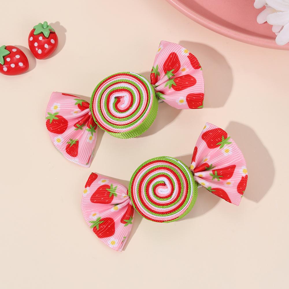 2Pcs Candy Bow Hair Clips Sweet Strawberry Heart Print Hairpins Rainbow Barrette For Girls Kids Children Headwear Accessories