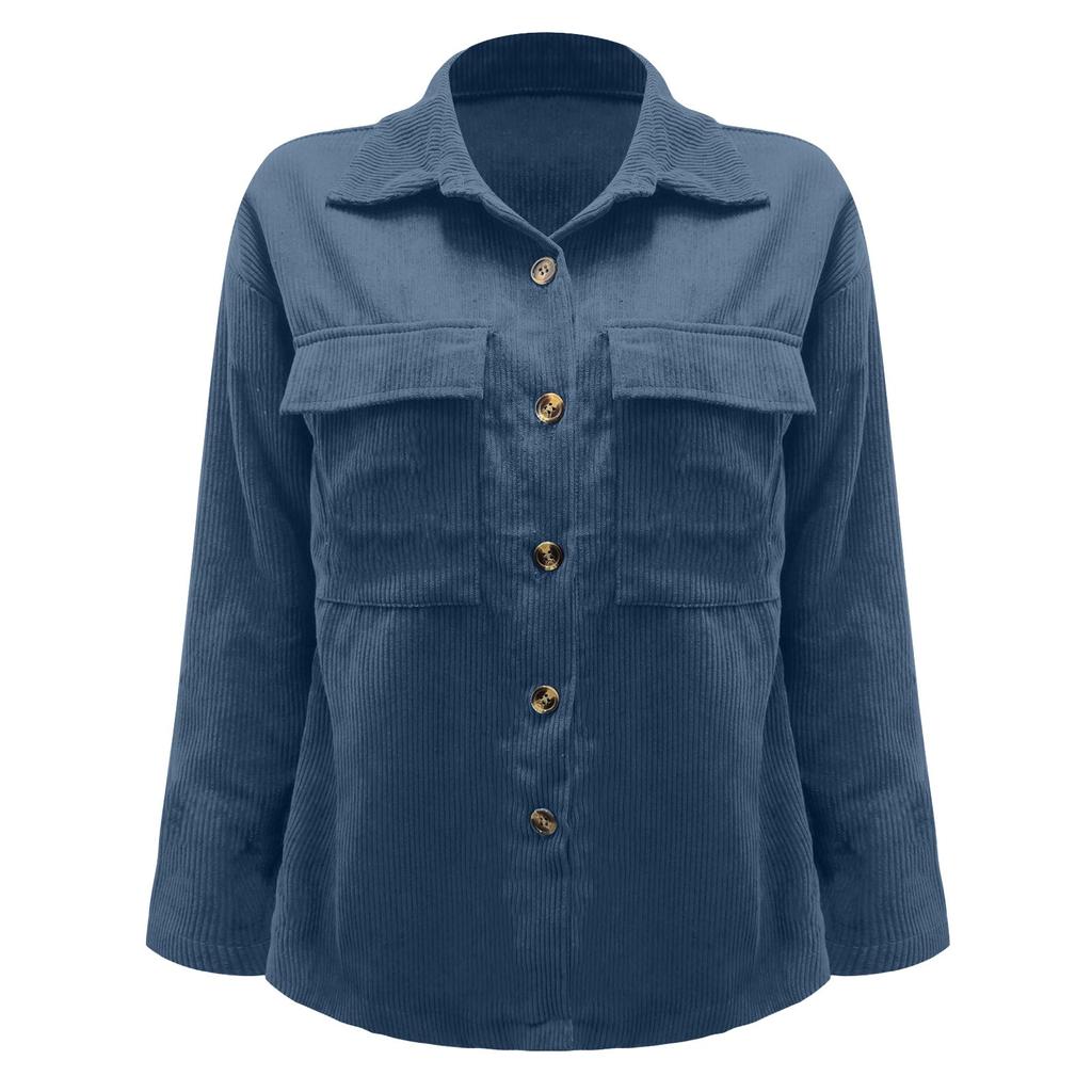 Women's  And Winter Loose Corduroy Lapel Double Pockets Long-Sleeved Shirt Jacket