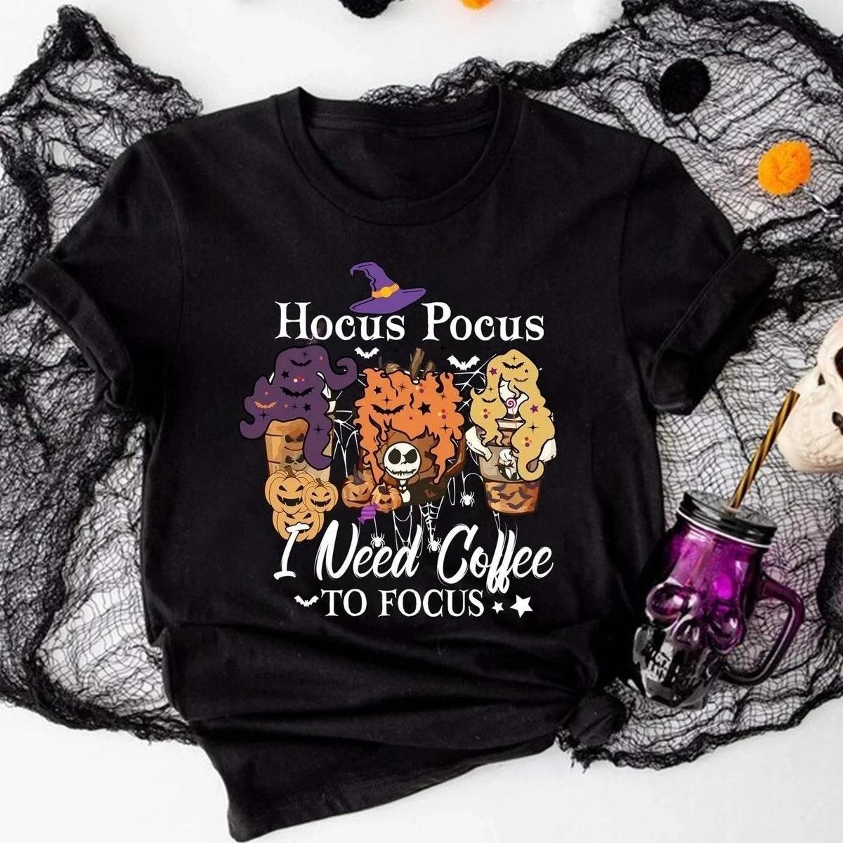 

Hocus Pocus I Need Coffee To Focus Halloween Witchy Tshirt Men Women M