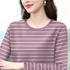Round Neck Striped Long-sleeved T-shirt Women's Autumn Loose Korean Style Large Size Middle-aged Mother's Wear Fashionable New Style Top