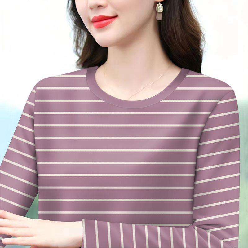 Round Neck Striped Long-sleeved T-shirt Women's Autumn Loose Korean Style Large Size Middle-aged Mother's Wear Fashionable New Style Top