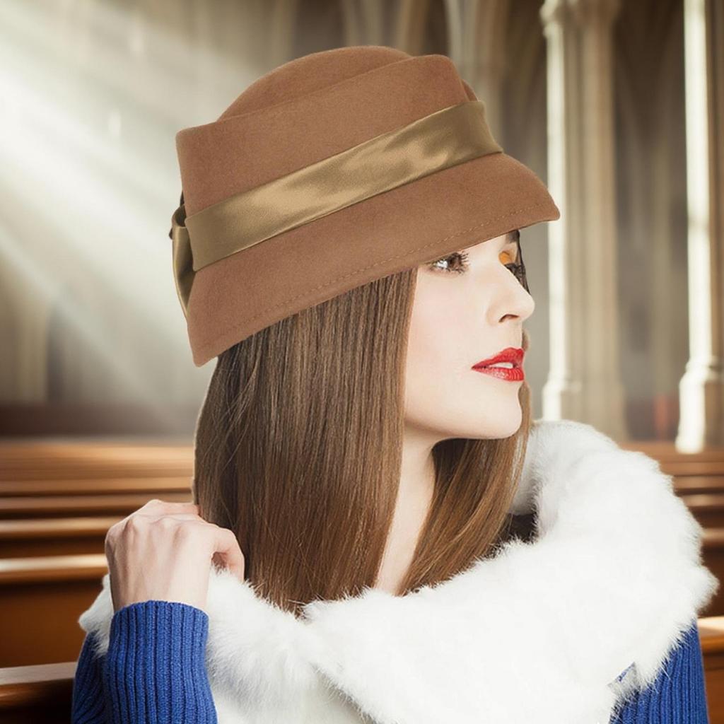 Women’s Vintage Wool Cloche Church Hat with Satin Bow Elegant Bowler Bucket Hat for Tea Party Wedding Garden Formal Events