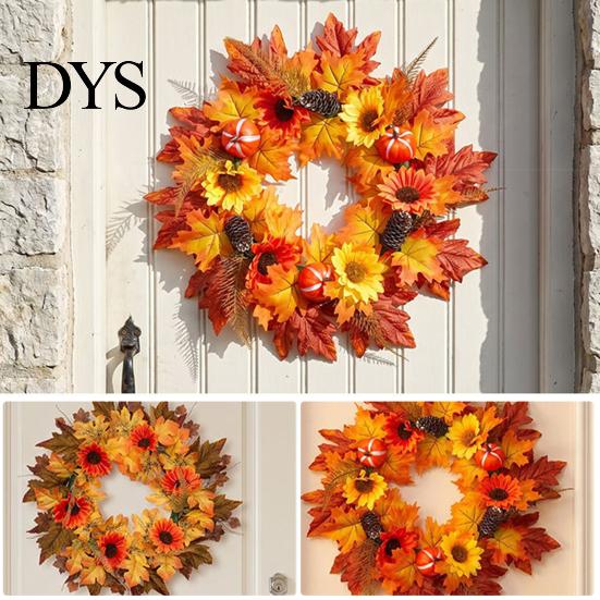 All Season Floral Decor Fall Sunflower Maple Leaf Wreath with Pumpkin Pinecone, Thanksgiving Harvest Artificial Wall Hanging Ornament Wreath,