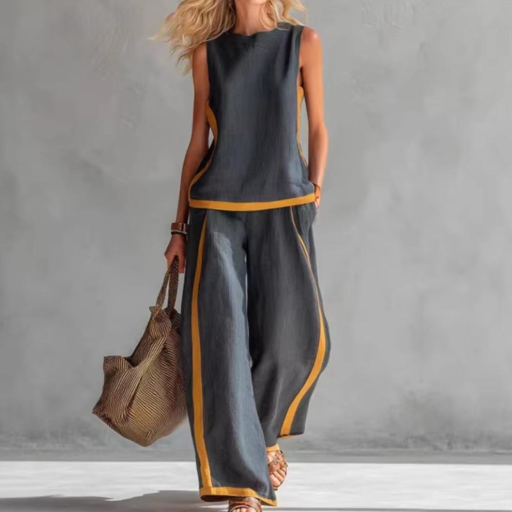 Color Block 2 Piece Outfit, Women Round Neck Sleeveless Tank Top & Wide Leg Pants Set