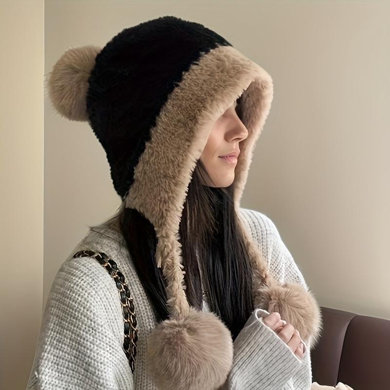 Fashion Autumn and Winter Splicing Knitted Ball Hanging Plush Hat Women Fluffy Plush No Eaves Hat Warm Thickened Plush Ear Hat